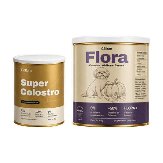 Lata de Super Colostro 30g ao lado da lata de Flora 60g, em fundo branco