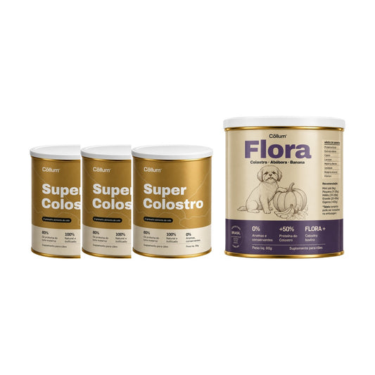 Tres latas de Super Colostro 30g com a lata de Flora 60g de brinde, em fundo branco