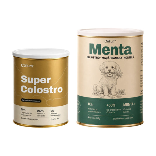 Lata de Super Colostro 30g ao lado da lata de Menta 60g, em fundo branco