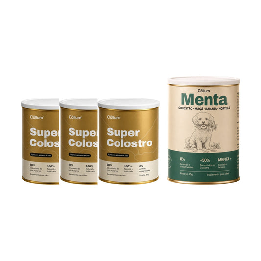 Tres latas de Super Colostro 30g com a lata de Menta 60g de brinde, em fundo branco